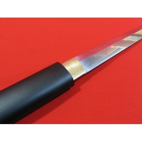 KAWASHIMA Tanto shira saya BLACK WOOD z oceli AISI 1045 s leštěnou imitací hamonu